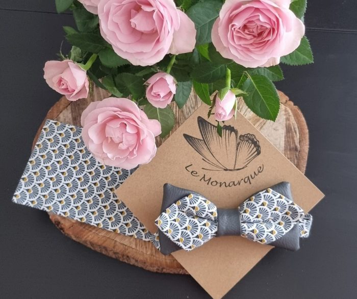 Nœud papillon classe en suédine gris foncé/gris clair à motif avec sa pochette – Image 2