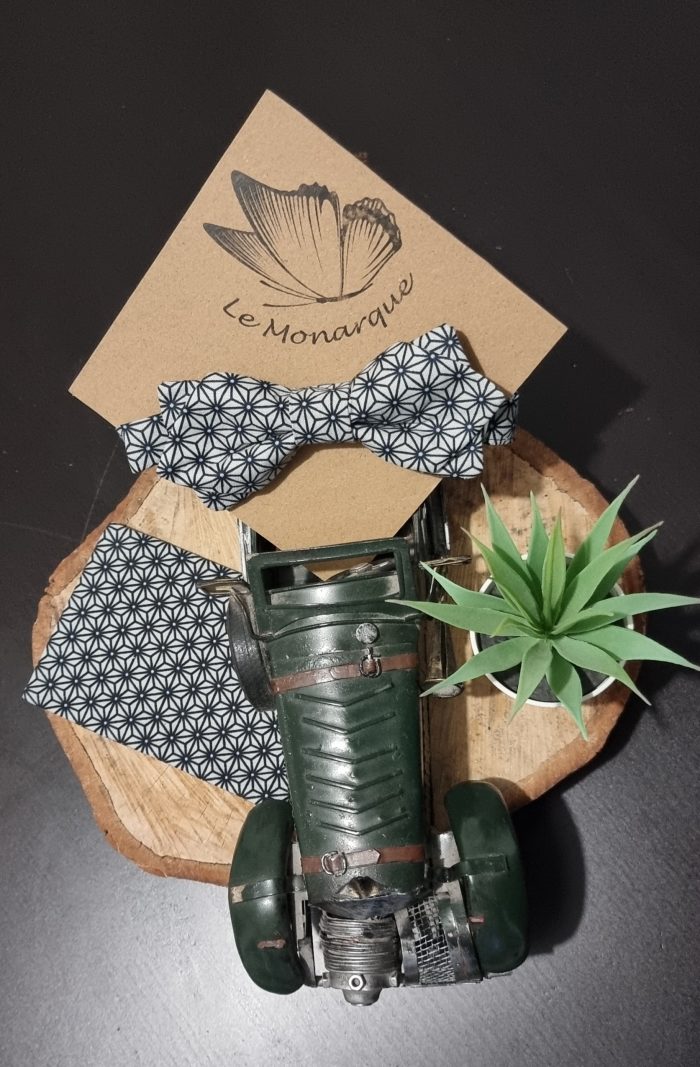 Nœud papillon gris/bleu avec sa pochette – Image 2